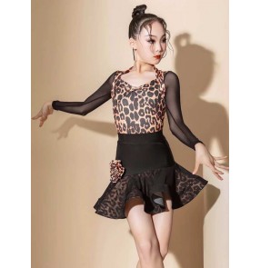 Girls black leopard latin dance dresses for kids children salsa rumba chacha samba dancing costumes for kids